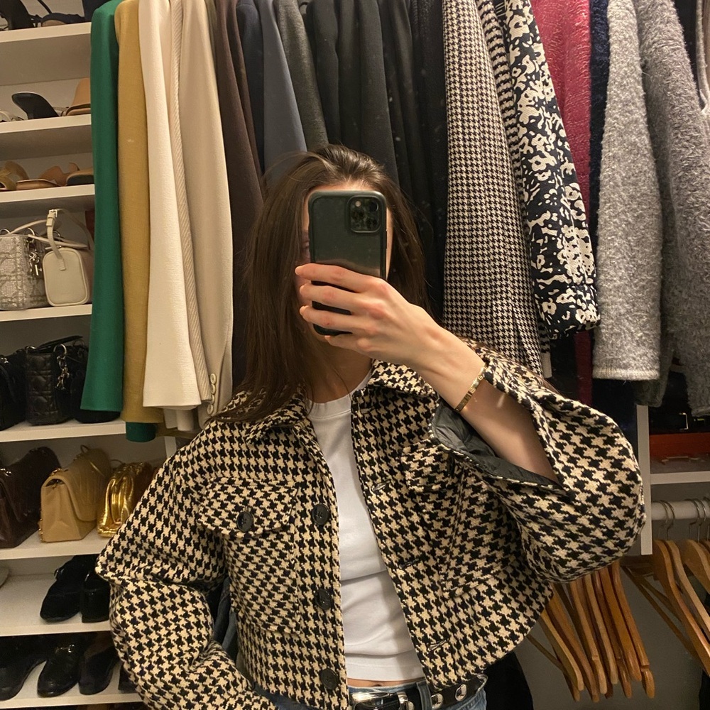 Houndstooth cropped blazer jacket with lapel - Picture 4 of 7